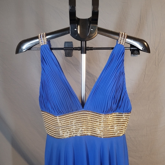 Elegant Blue Evening Gown with Gold Beading by Scala - Picture 3 of 16